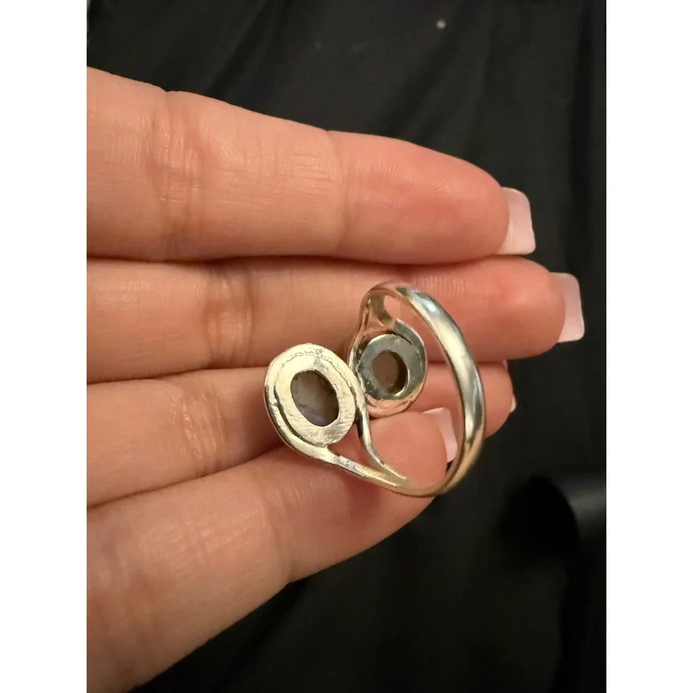 Sterling Silver 925 Double Moonstone Bypass Ring Size 8.5 Oval Cabochon Boho